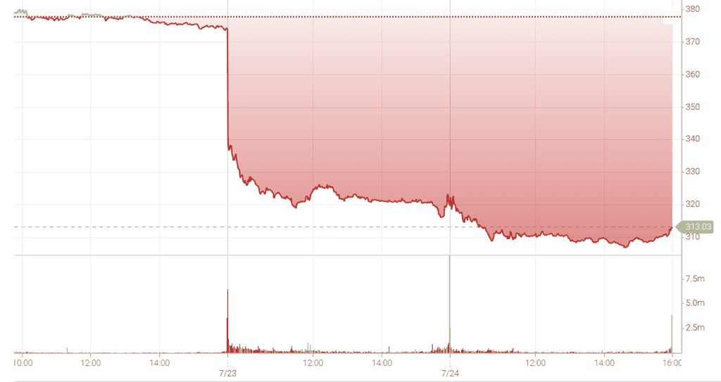 TSLA on Nasdaq: about $380 on July 22, an open below $340 the next day, July 24 close at $313